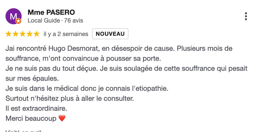 Avis Google — Mme Pasero, 5 étoiles