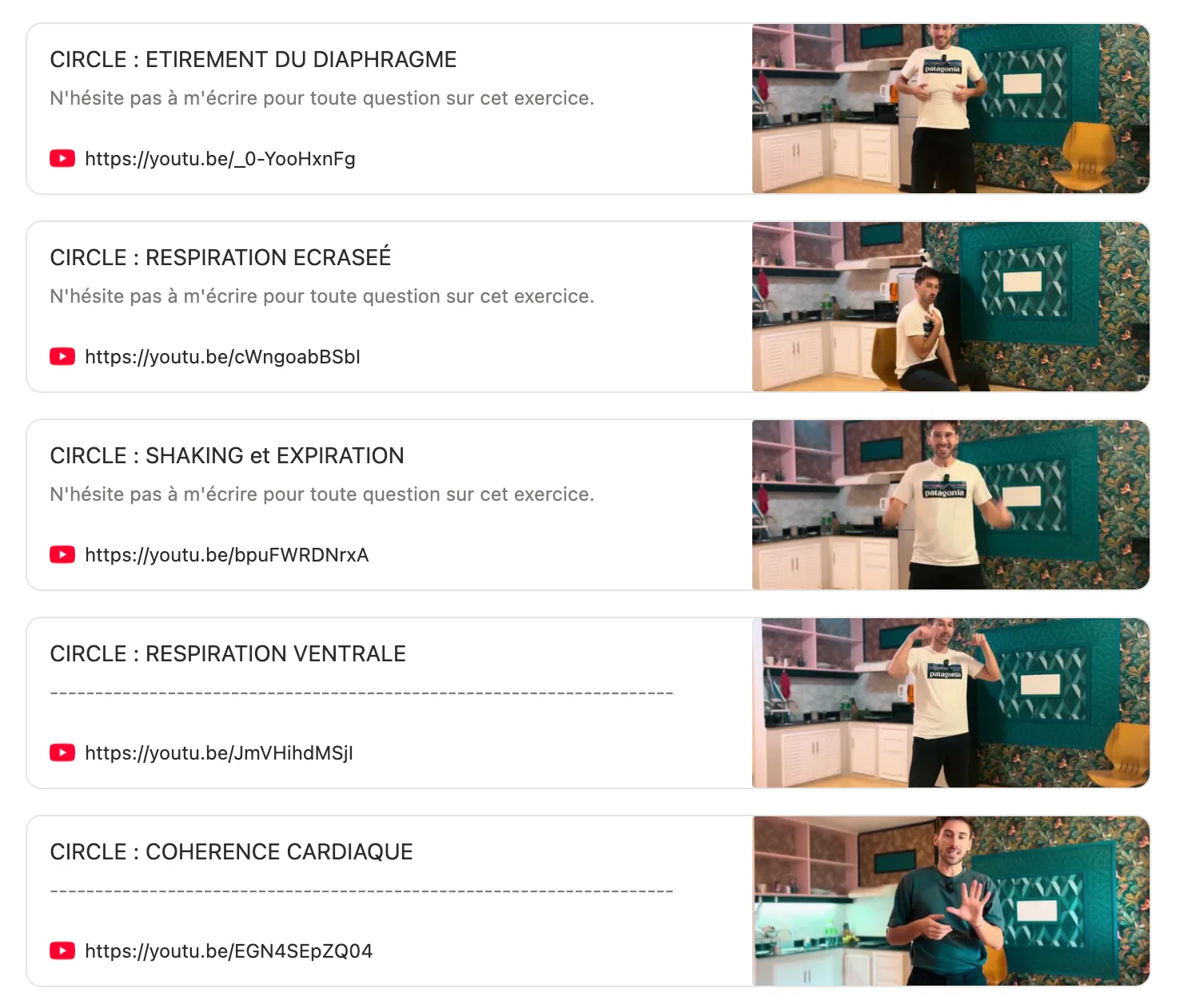 Capture d'une liste d'exercices vidéo de respiration et de relâchement