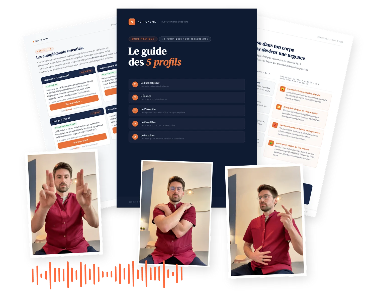 Aperçu du Guide des 5 profils nerveux : la couverture, les pages du guide et les exercices en vidéo